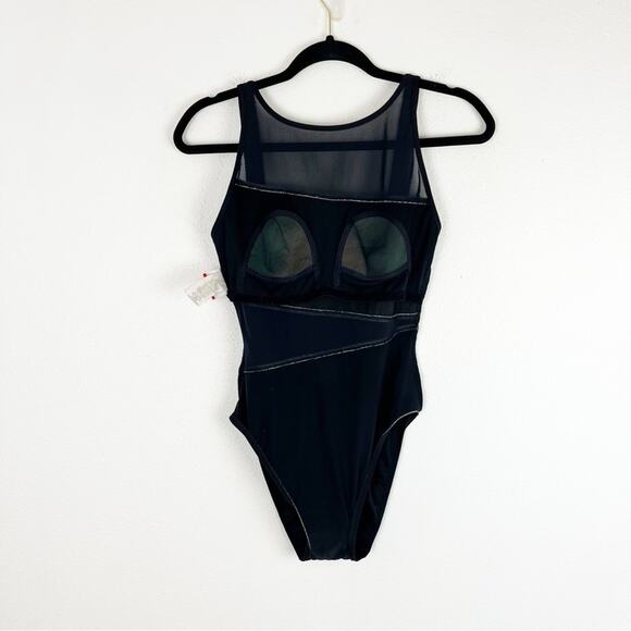 Cole of California Black One-Piece Swimsuit Asymmetrical Mesh Design White Trim - Picture 3 of 6